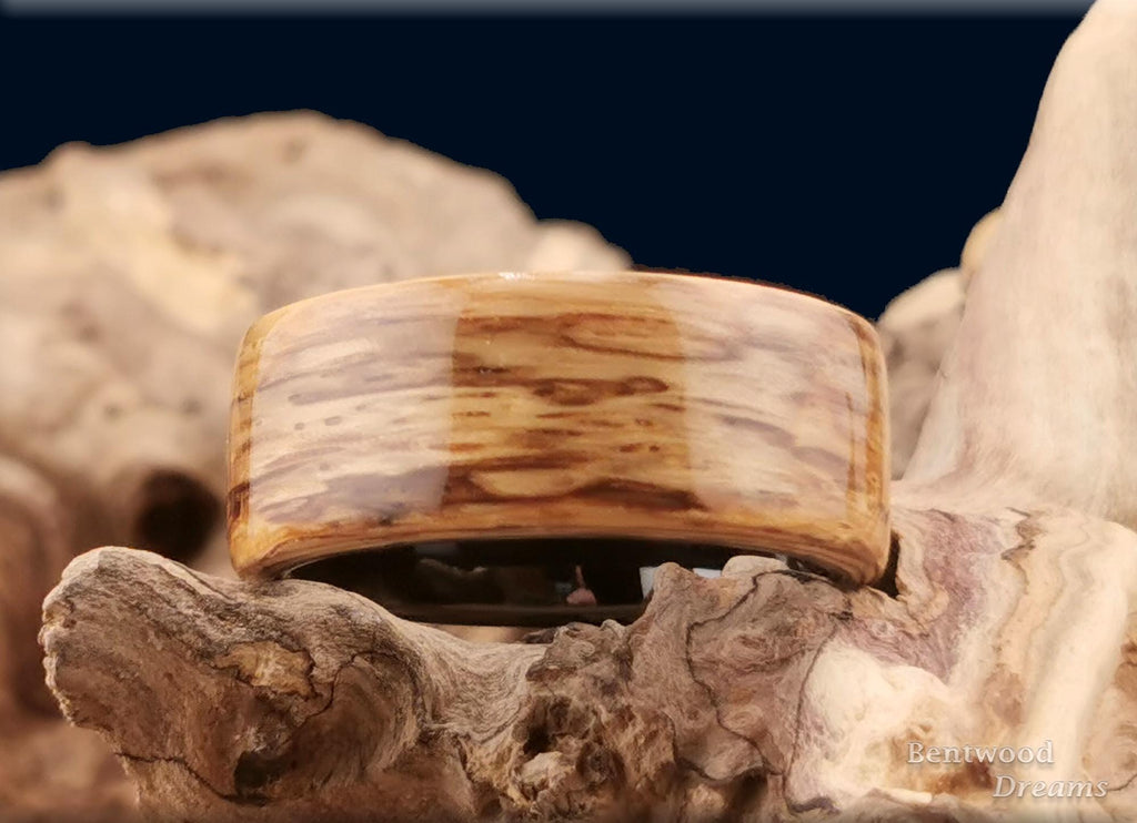 Bentwood Ring: Marbled Zebrano, 10mm Black Ceramic core, wood ring