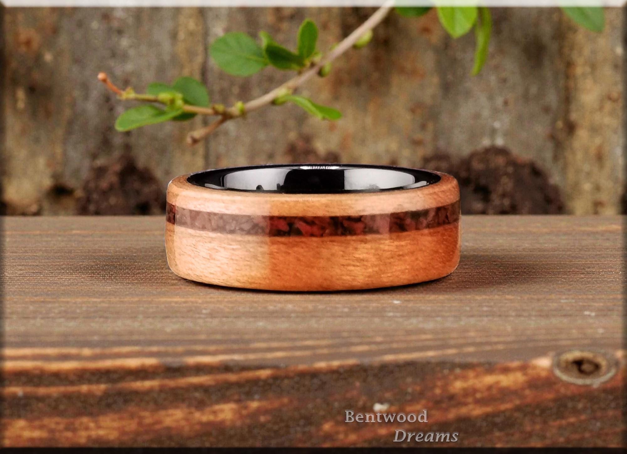 Bentwood Ring: Figured Cherry, offset inlaid Mahogany Obsidian, Polished Black Ceramic core, wood ring