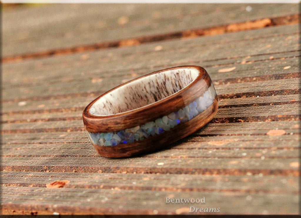 Bentwood Ring: Mangowood, inlaid Genuine Australian Cream Opal, Deer Antler core - wood ring