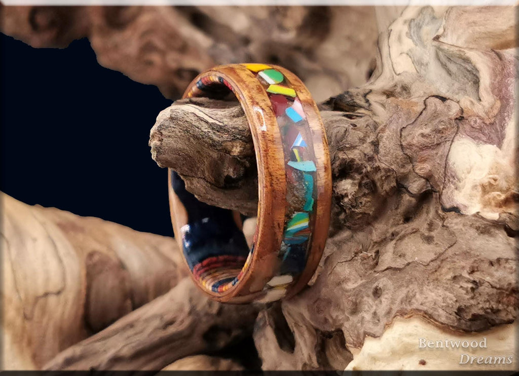 Bentwood Ring: Hawaiian Koa, inlaid Surfite, Multi-colour wood core, Quick Ship