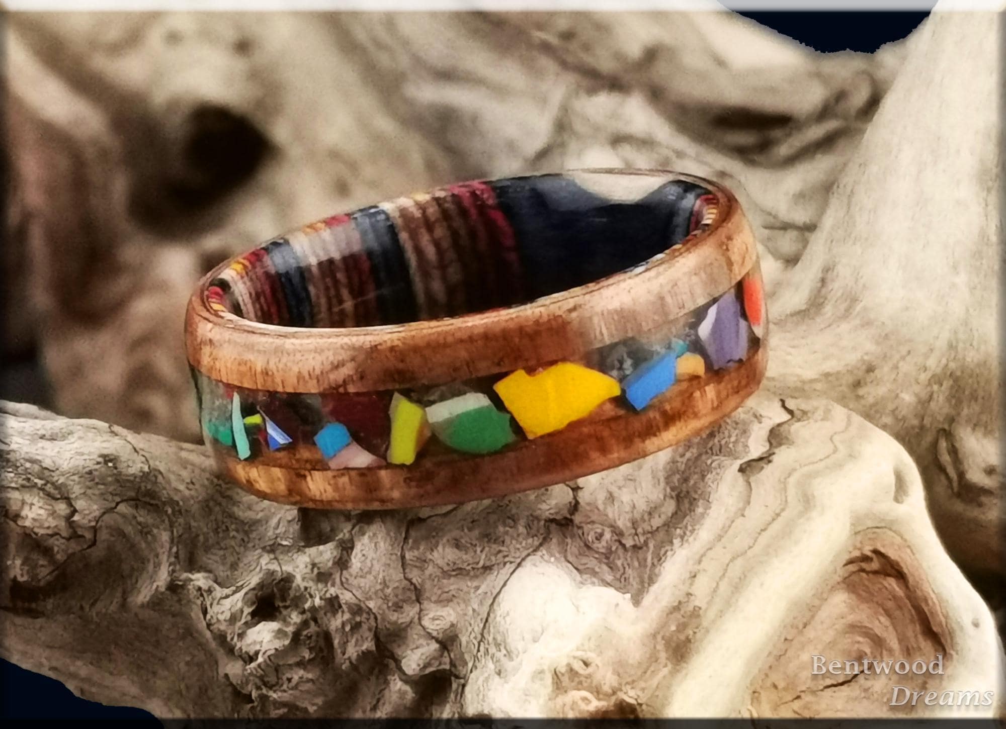 Koa Bentwood Ring: Hawaiian Surfite Inlay, Multi-Color Core