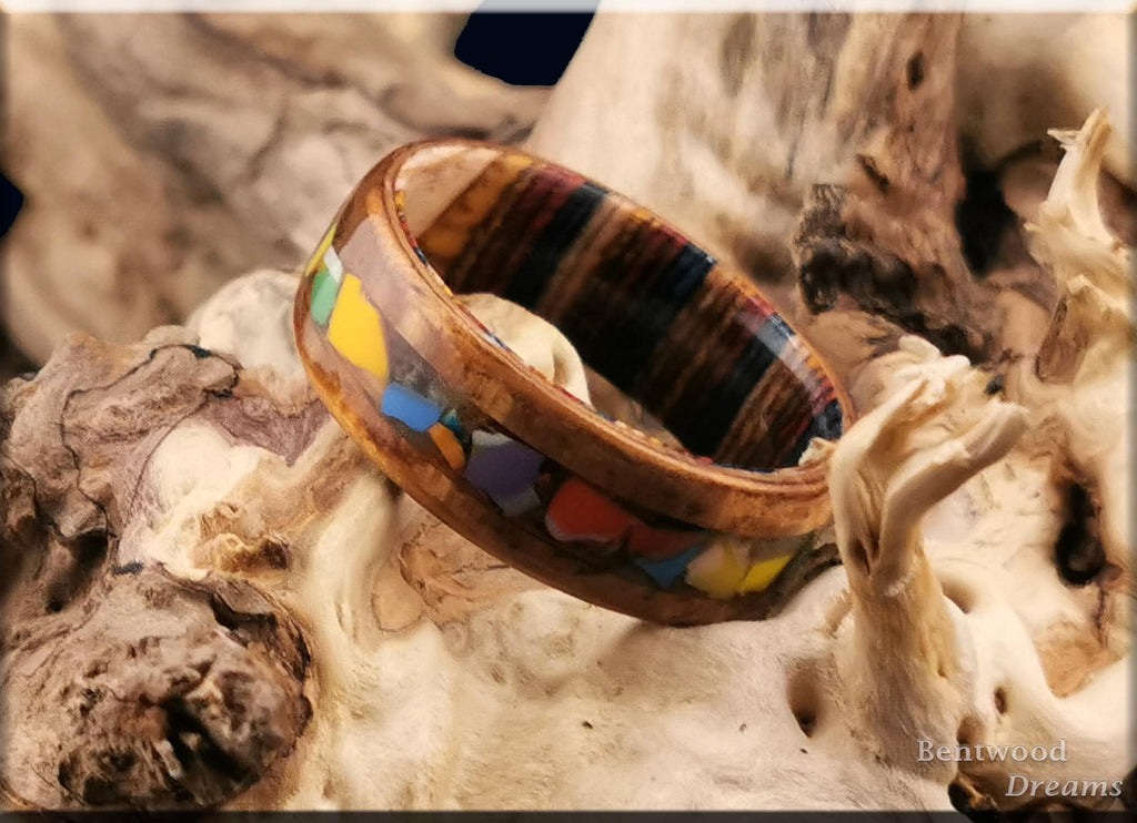Koa Bentwood Ring: Hawaiian Surfite Inlay, Multi-Color Core
