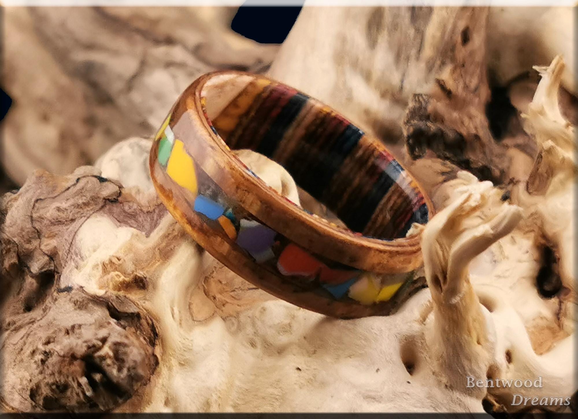Bentwood Ring: Hawaiian Koa, inlaid Surfite, Multi-colour wood core, Quick Ship