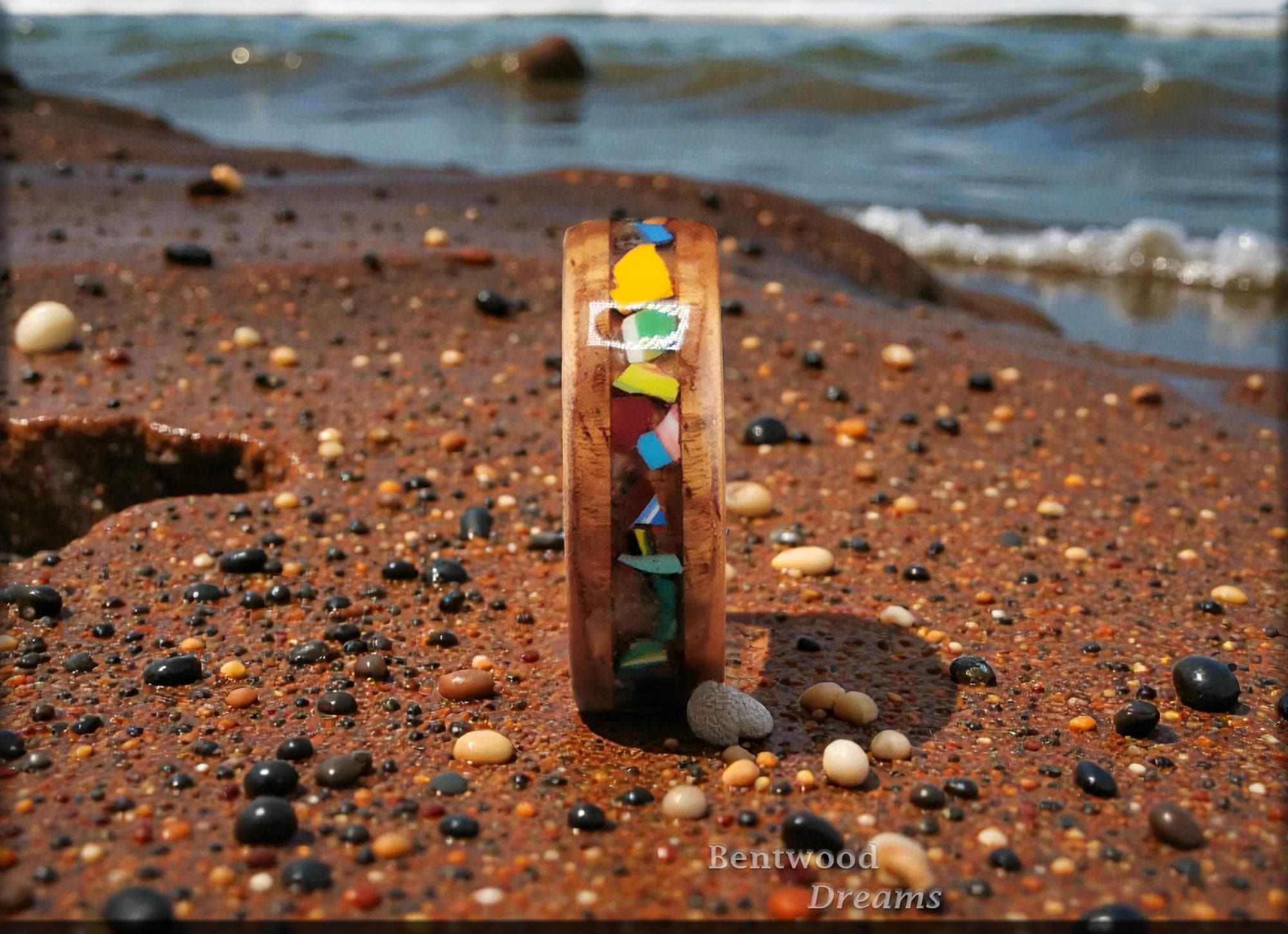 Koa Bentwood Ring: Hawaiian Surfite Inlay, Multi-Color Core