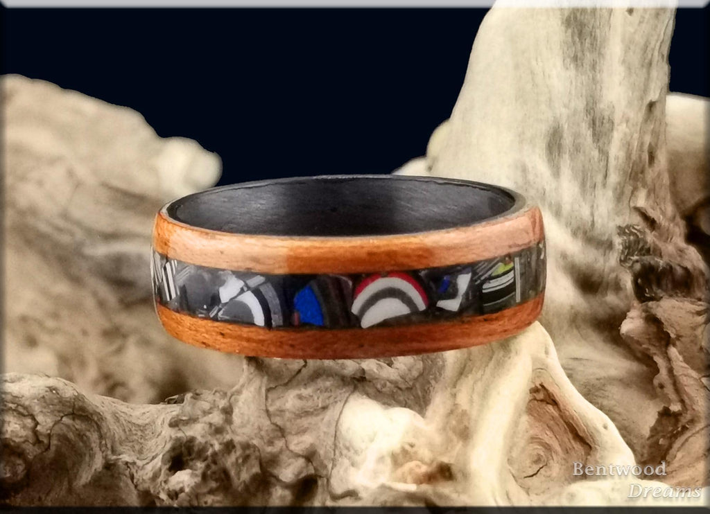 Bentwood Ring: Quartersawn Etimoe, inlaid Fordite, Carbon Fiber core, wood ring