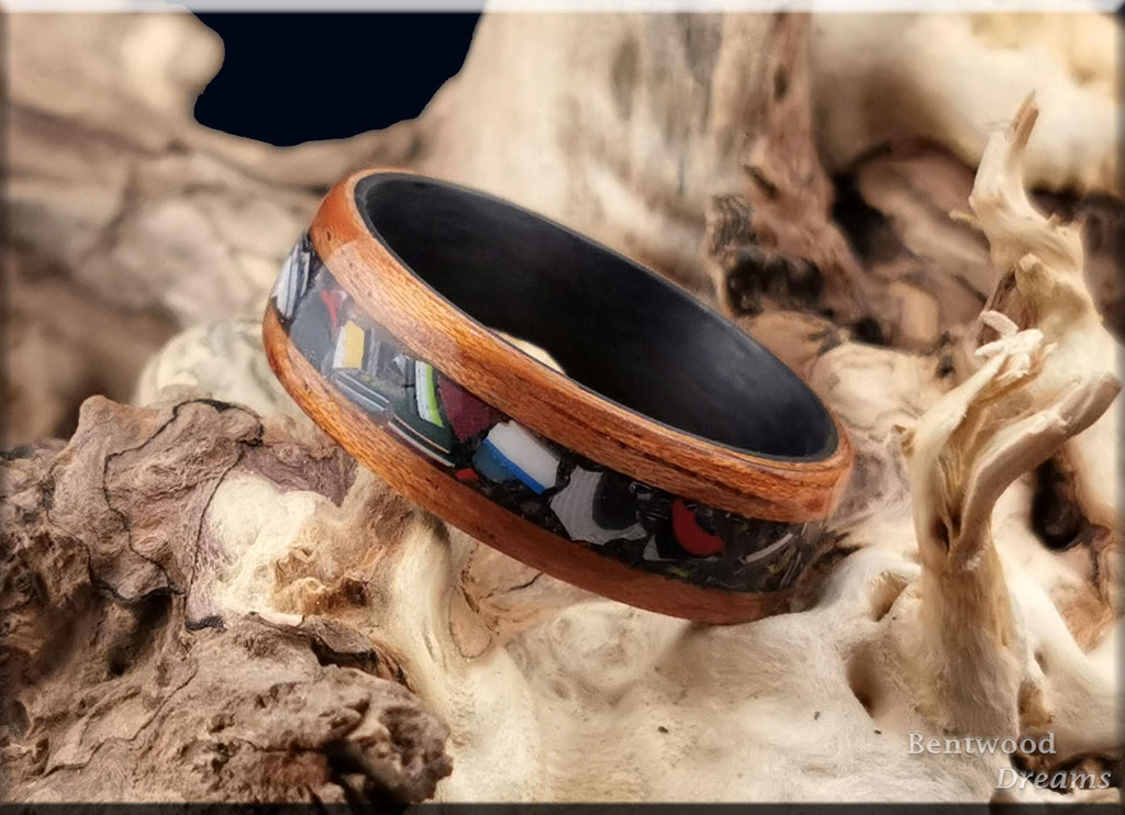 Bentwood Ring: Quartersawn Etimoe, inlaid Fordite, Carbon Fiber core, wood ring