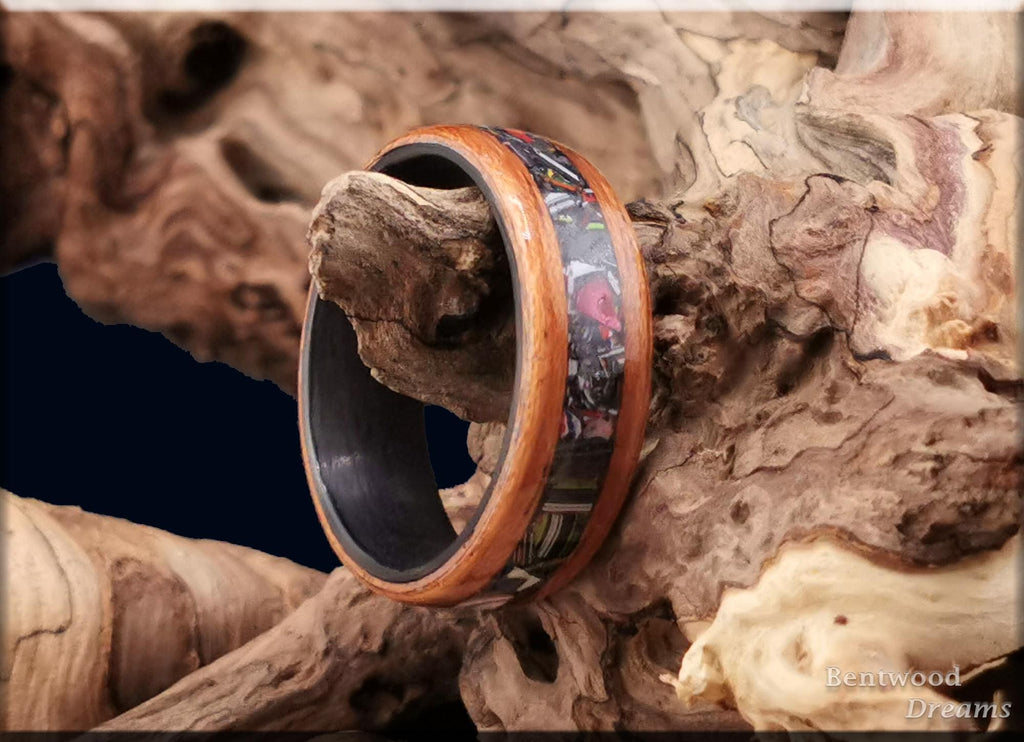 Bentwood Ring: Quartersawn Etimoe, inlaid Fordite, Carbon Fiber core, wood ring