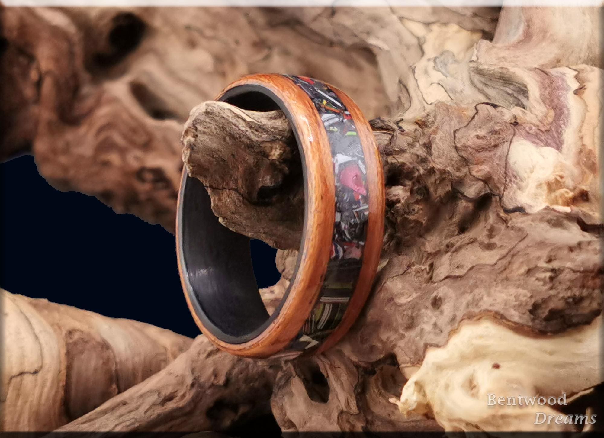 Bentwood Ring: Quartersawn Etimoe, inlaid Fordite, Carbon Fiber core, wood ring