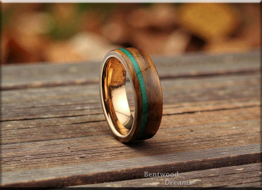 Bentwood Ring: Mozambique, inlaid offset Green Malachite, Rose Gold Tungsten Carbide core, wood ring