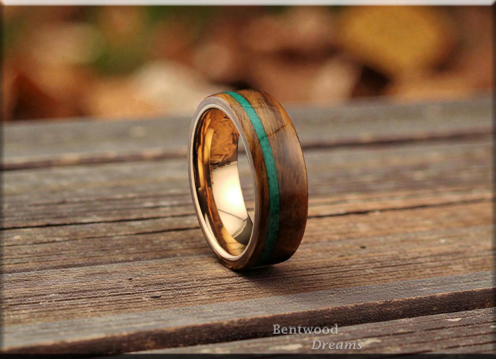 Bentwood Ring: Mozambique, inlaid offset Green Malachite, Rose Gold Tungsten Carbide core, wood ring