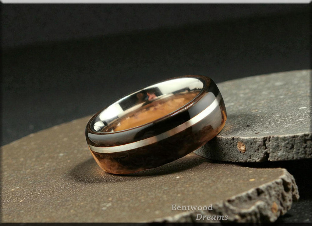 Bentwood Ring: Ziricote, offset inlaid Sterling Silver, Polished Titanium core, wood ring