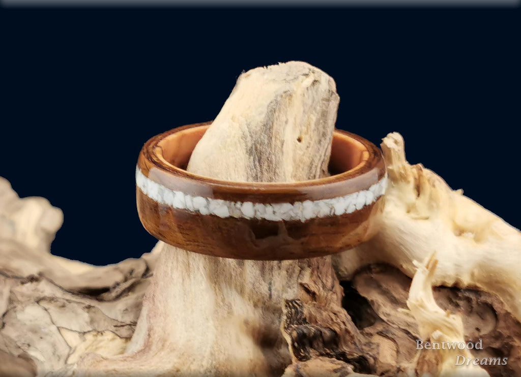 Bentwood Ring: Imbuya Pommele, offset inlaid Howlite, Olivewood core, Artisan ring