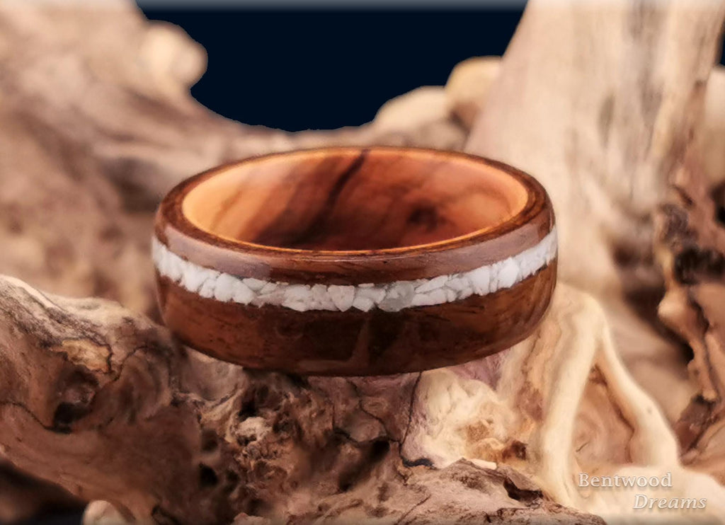 Bentwood Ring: Imbuya Pommele, offset inlaid Howlite, Olivewood core, Artisan ring