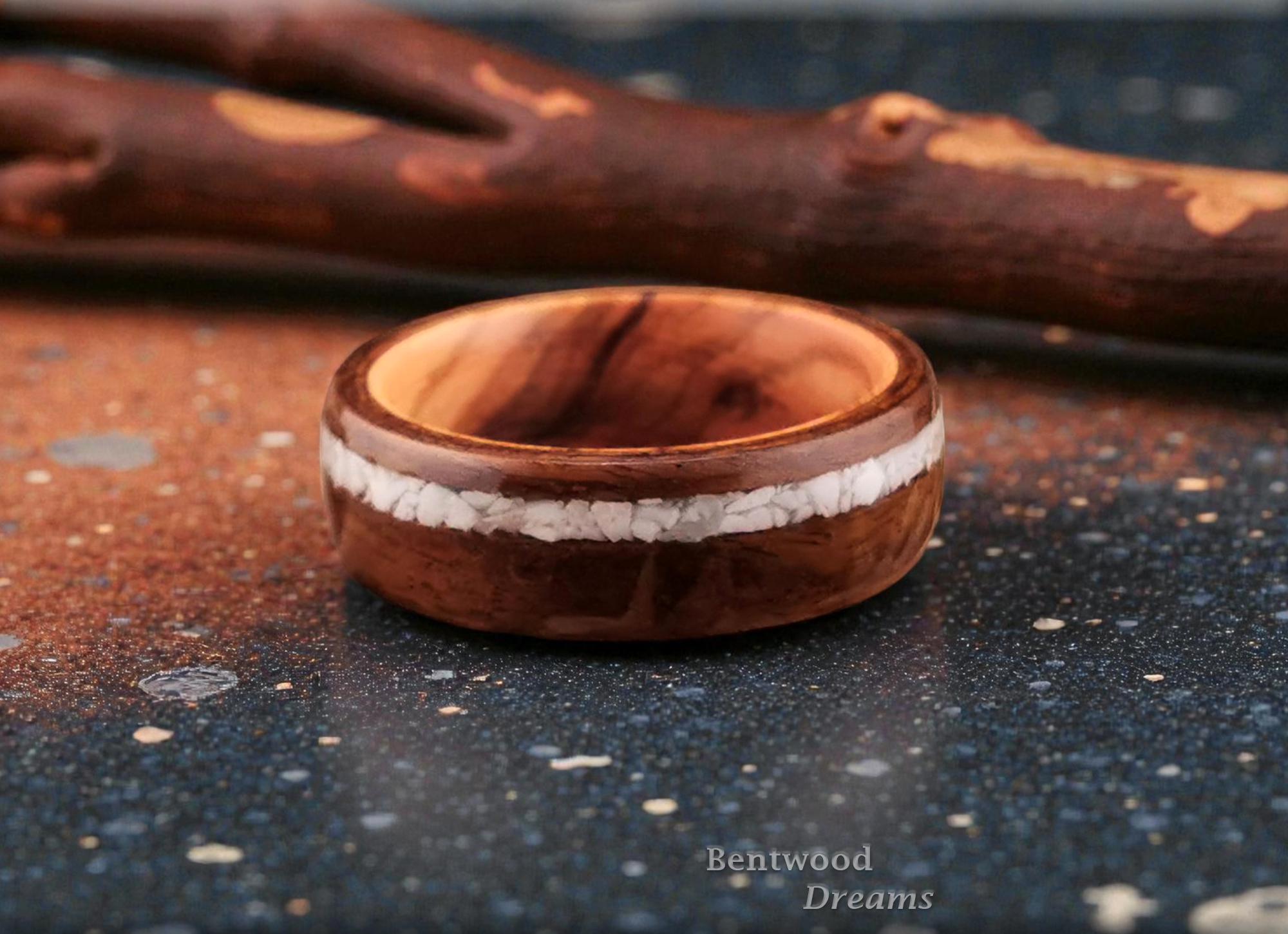Bentwood Ring: Imbuya Pommele, offset inlaid Howlite, Olivewood core, Artisan ring