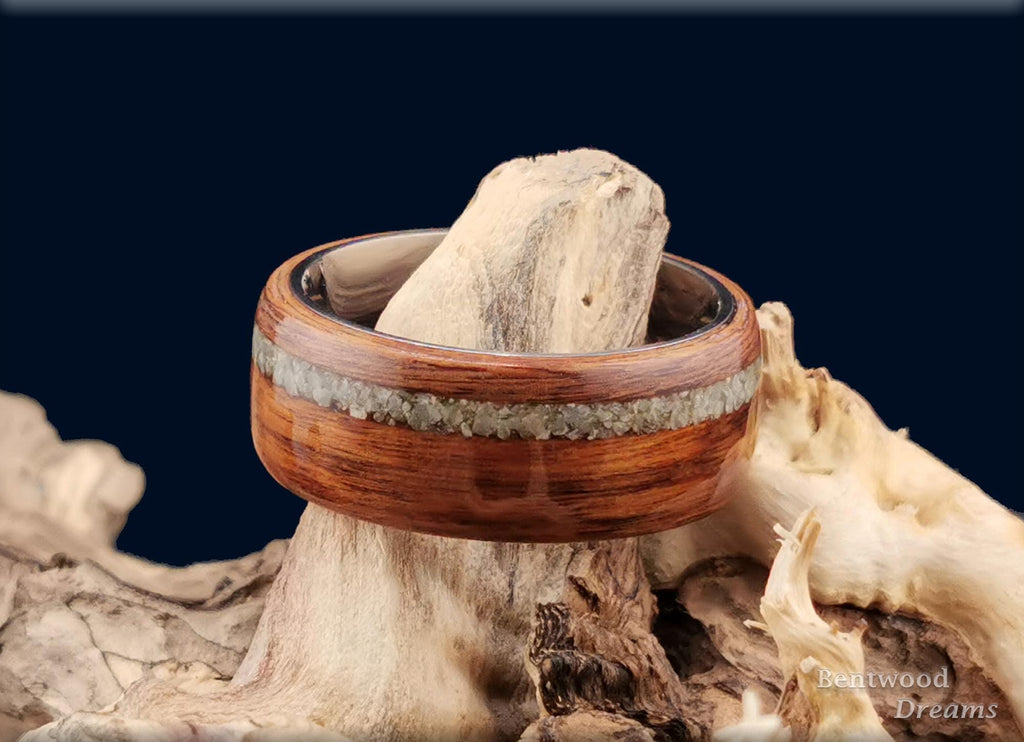 Bentwood Ring: Santos Rosewood, offset inlaid Irish Connemara Marble, Titanium core, wood ring