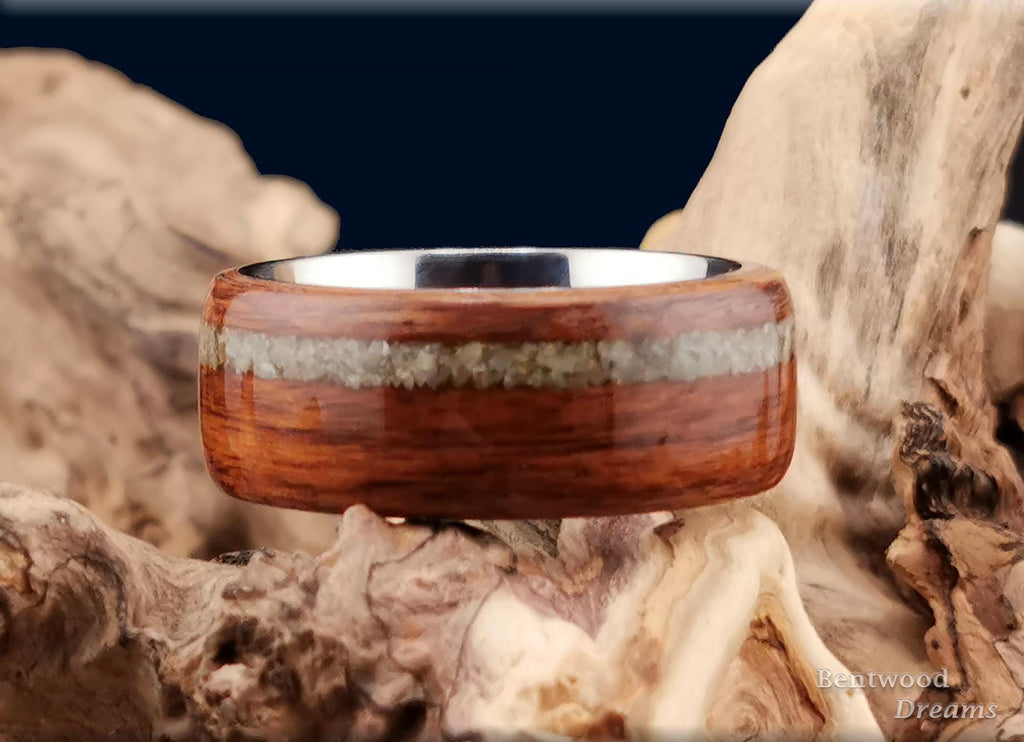 Bentwood Ring: Santos Rosewood, offset inlaid Irish Connemara Marble, Titanium core, wood ring