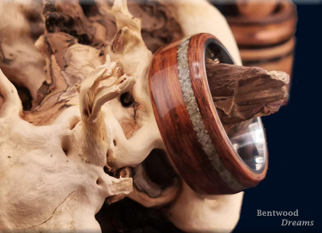 Bentwood Ring: Santos Rosewood, offset inlaid Irish Connemara Marble, Titanium core, wood ring