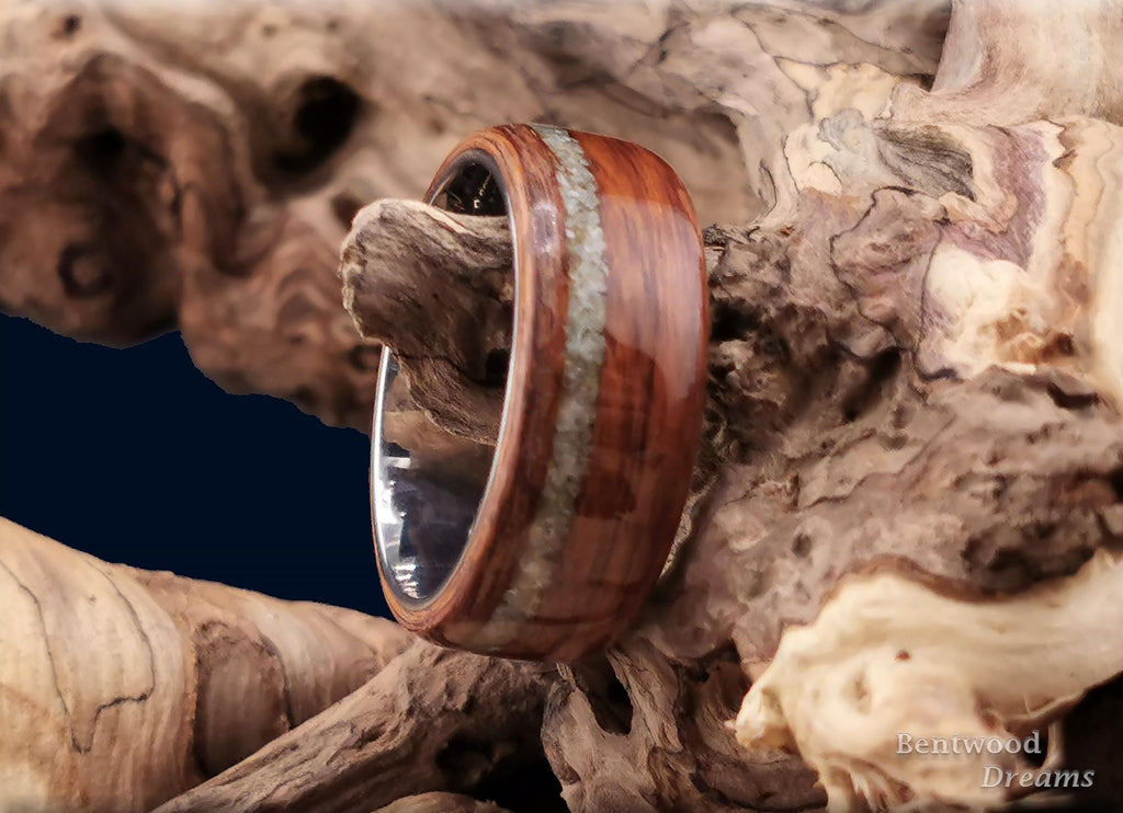 Bentwood Ring: Santos Rosewood, offset inlaid Irish Connemara Marble, Titanium core, wood ring