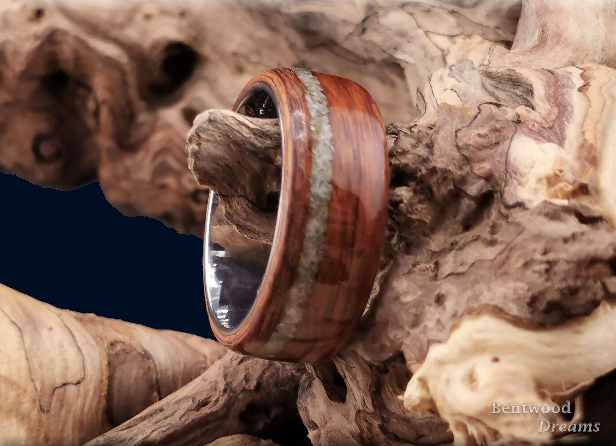 Bentwood Ring: Santos Rosewood, offset inlaid Irish Connemara Marble, Titanium core, wood ring