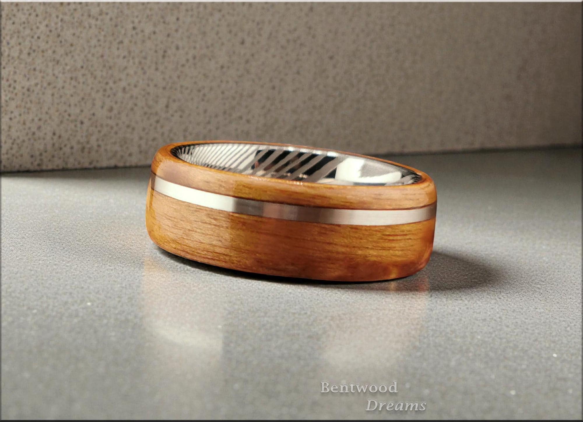 Birdseye Anigre Bentwood Ring: Damascus Steel Core, Sterling Silver Inlay