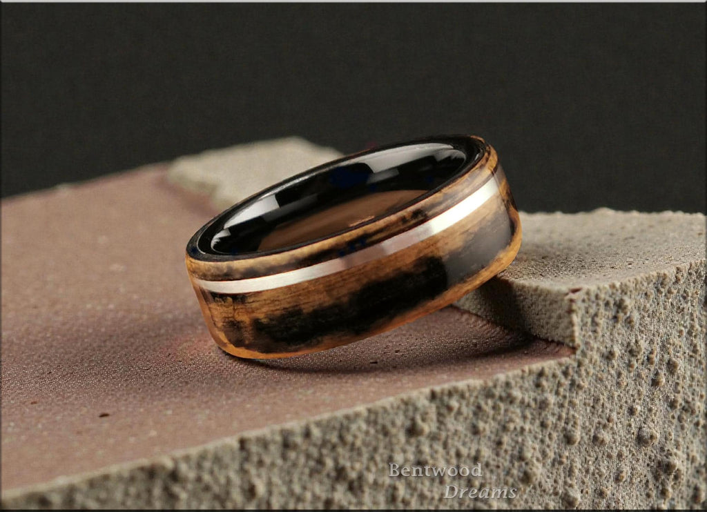 Malabar Ebony Bentwood Ring: Sterling Silver Inlay, Black Ceramic Core