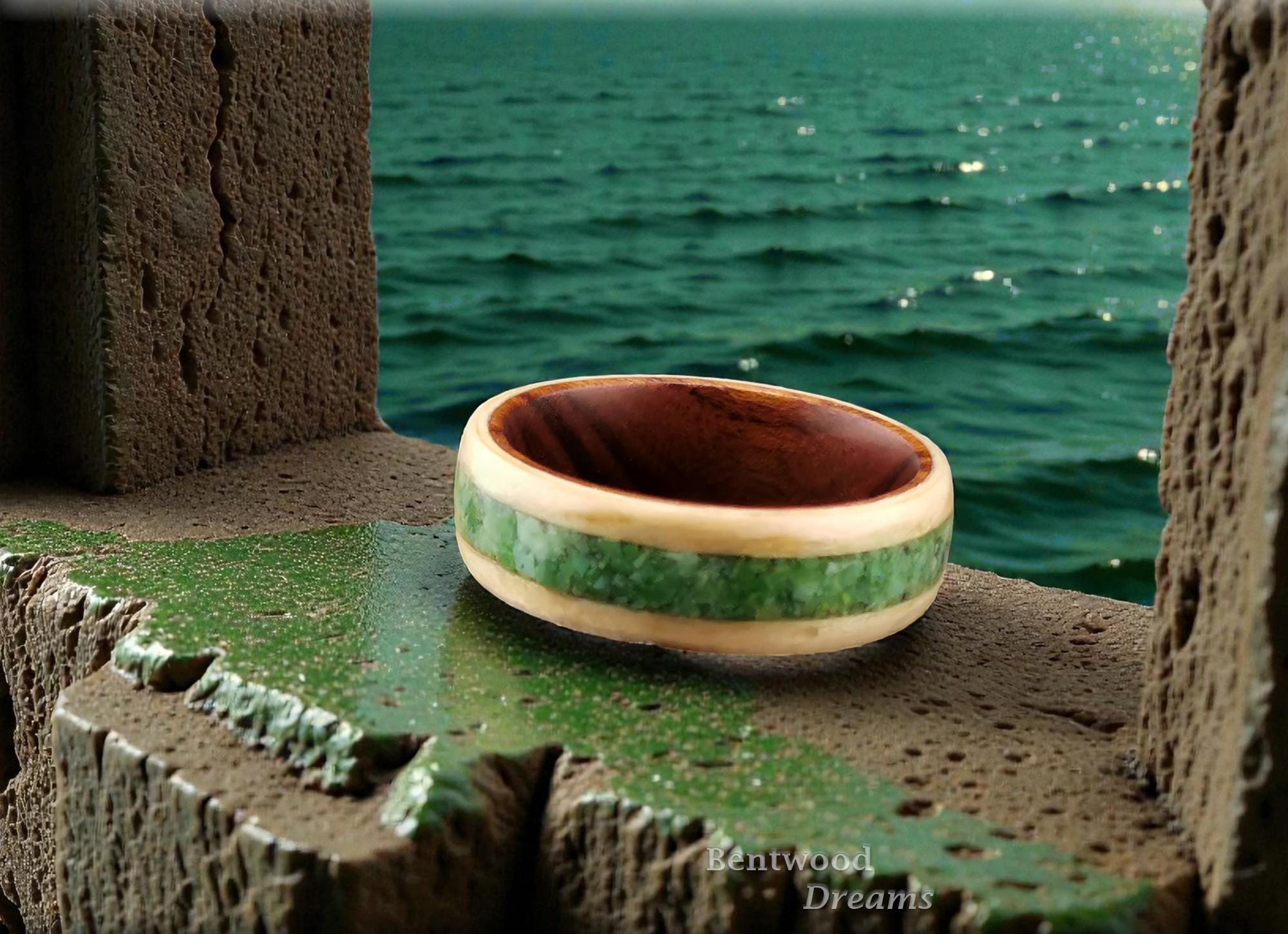 Bentwood Ring: Rare Birdseye Pine, inlaid Nevada Green Variscite, Ironwood core