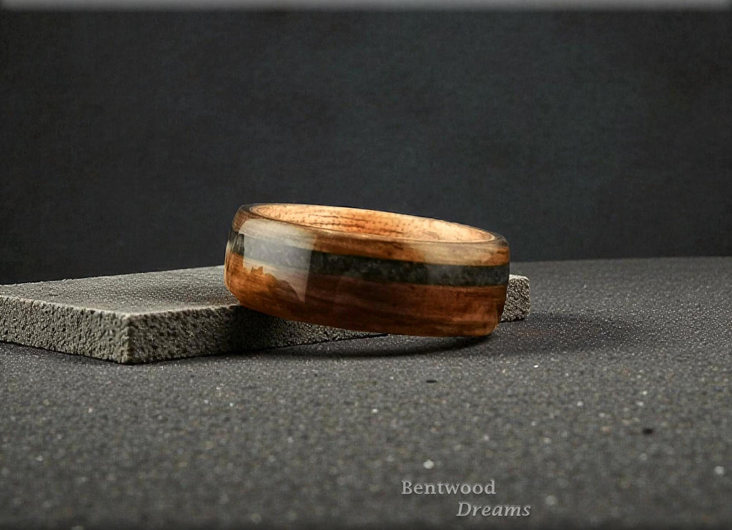 Bog Oak Bentwood Ring: Green Jasper Inlay, Figured Gaboon Core