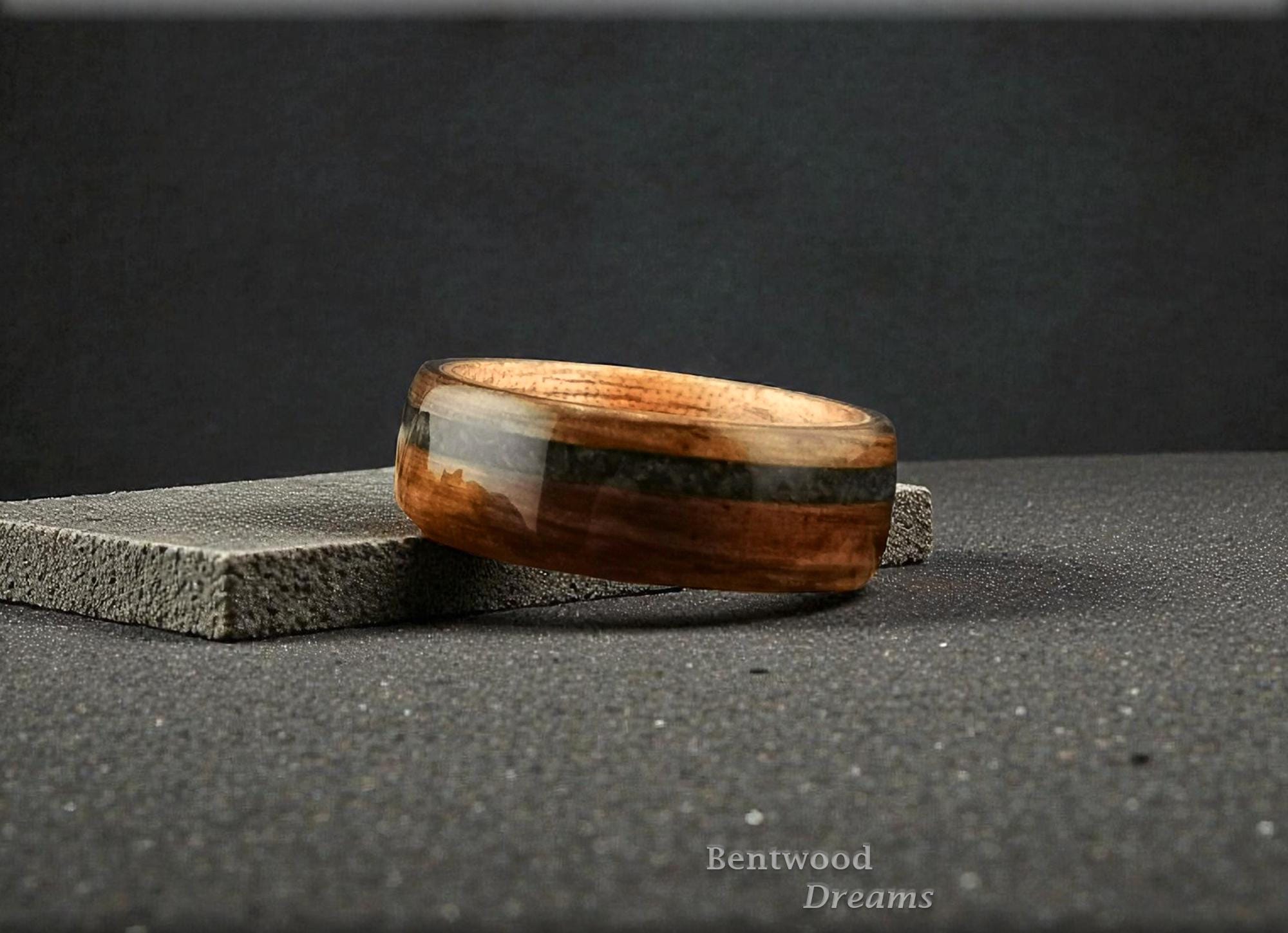 Bog Oak Bentwood Ring: Green Jasper Inlay, Figured Gaboon Core