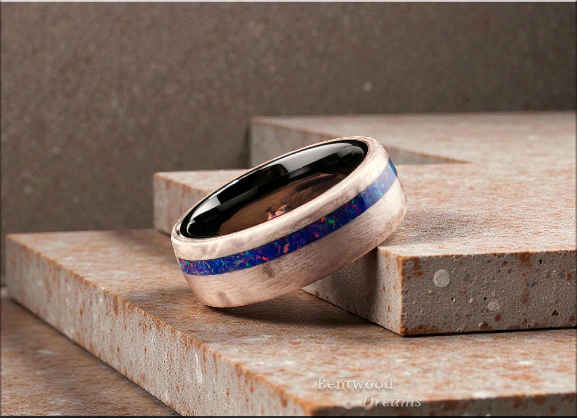 Bentwood Ring: Silver Birdseye Maple, offset inlaid Opal, Polished Black Ceramic core, wood ring