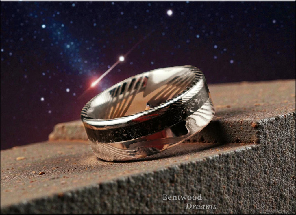 Damascus Steel Ring, offset inlaid Seymchan Meteorite, metal ring