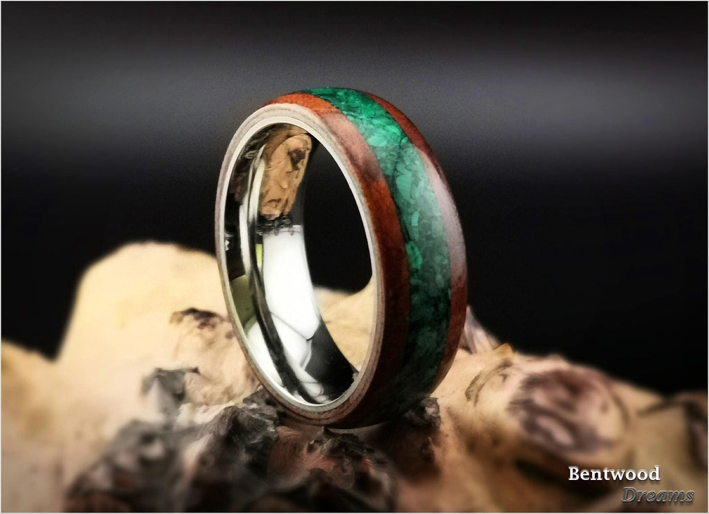 Bentwood Ring: Redwood Burl, inlaid Green Malachite, Polished Titanium core, wood ring