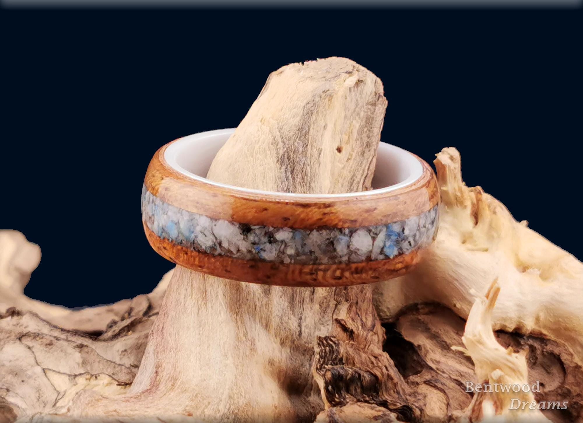 Bentwood Ring: Etimoe, inlaid Blueberry Jasper, White Ceramic Core, Quick Ship