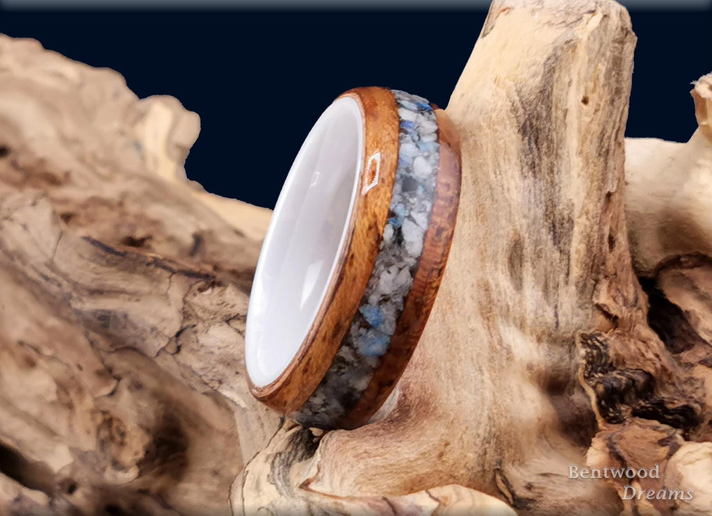 Bentwood Ring: Etimoe, inlaid Blueberry Jasper, White Ceramic Core, Quick Ship