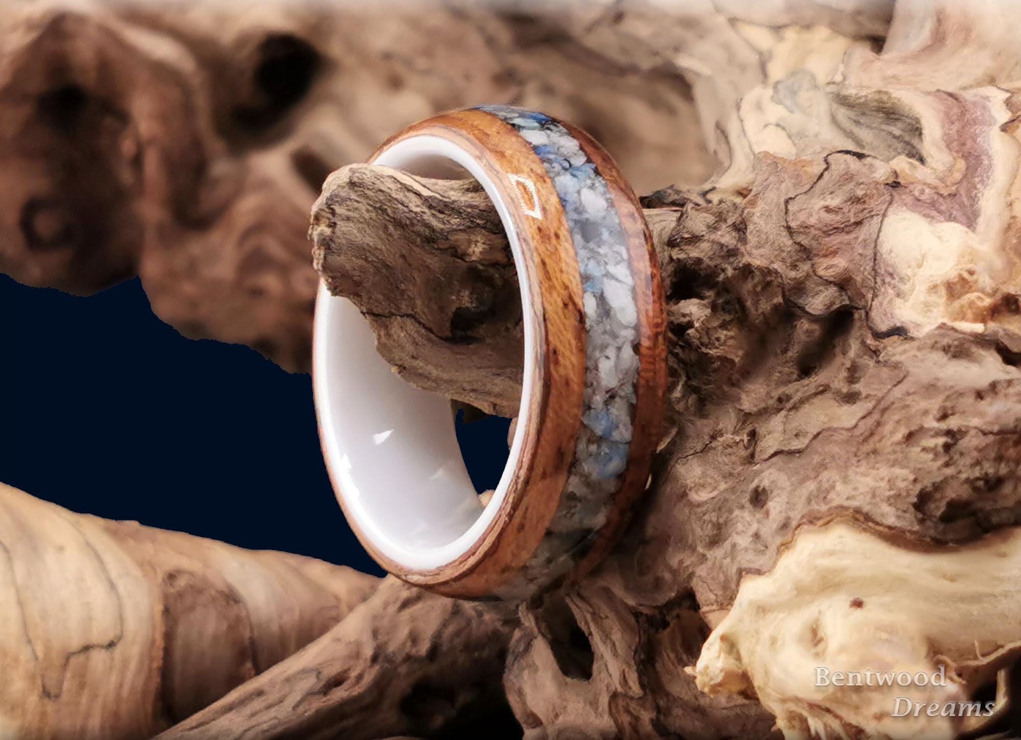 Bentwood Ring: Etimoe, inlaid Blueberry Jasper, White Ceramic Core, Quick Ship