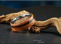 Bentwood Ring: Madrone Burl, offset inlaid Lab Opal, polished Tungsten Carbide core