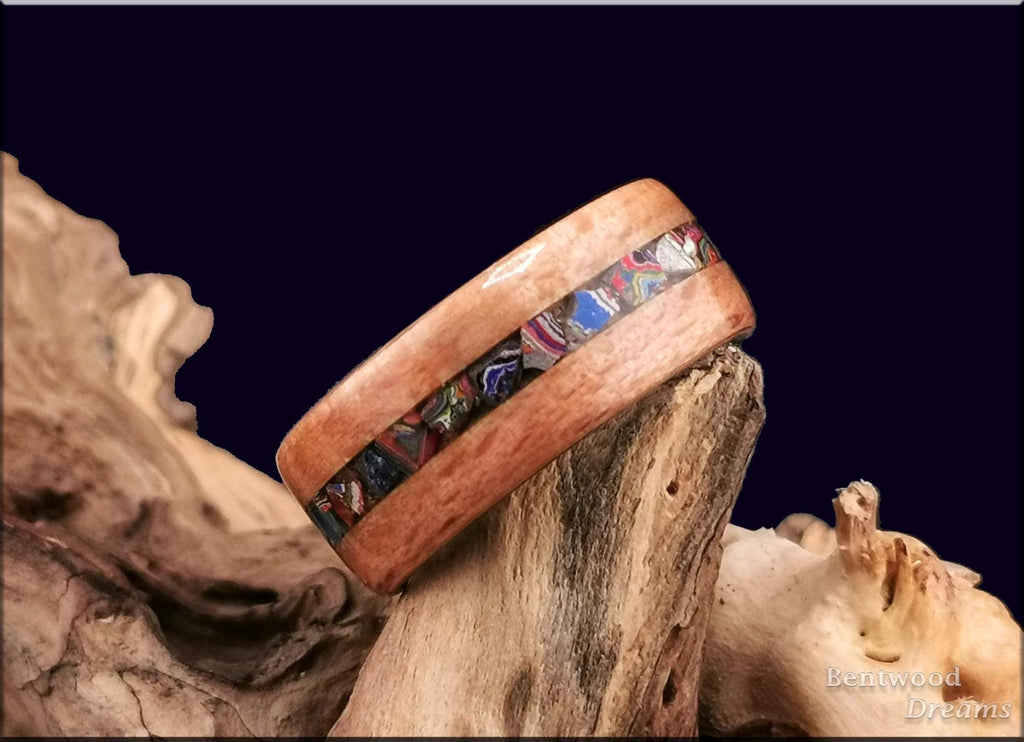 Bentwood Ring: Brownheart Beech, inlaid UV Reactive Cadillac Ranch ('Cadilite'), Black Ceramic core