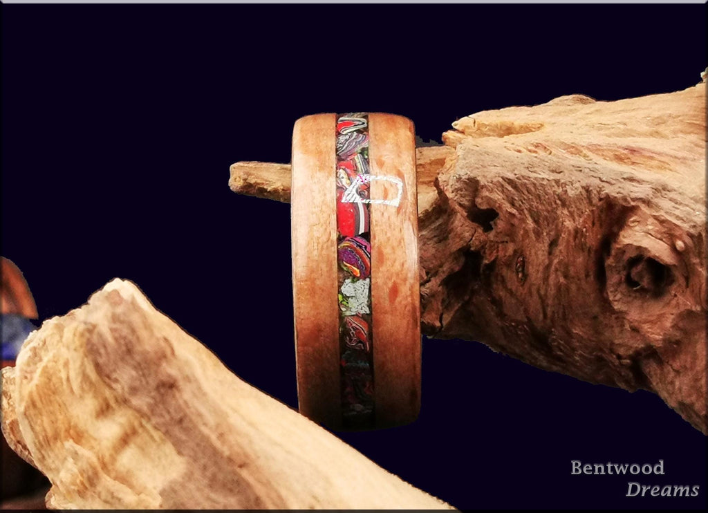 Bentwood Ring: Brownheart Beech, inlaid UV Reactive Cadillac Ranch ('Cadilite'), Black Ceramic core