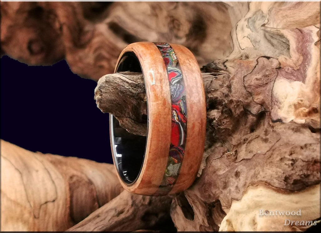 Bentwood Ring: Brownheart Beech, inlaid UV Reactive Cadillac Ranch ('Cadilite'), Black Ceramic core