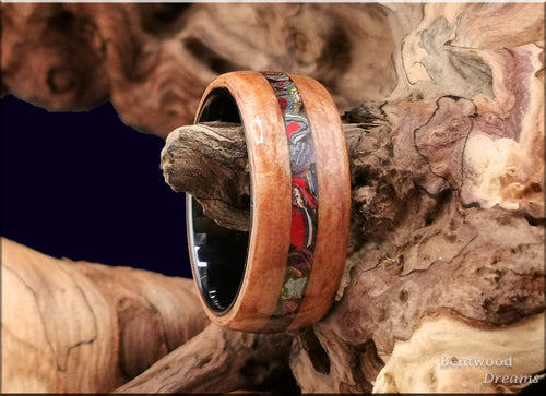 Bentwood Ring: Brownheart Beech, inlaid UV Reactive Cadillac Ranch ('Cadilite'), Black Ceramic core