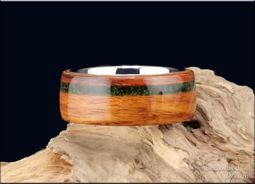 Bentwood Ring: Santos Rosewood, offset inlaid Green Goldstone, Tungsten carbide core, wood ring