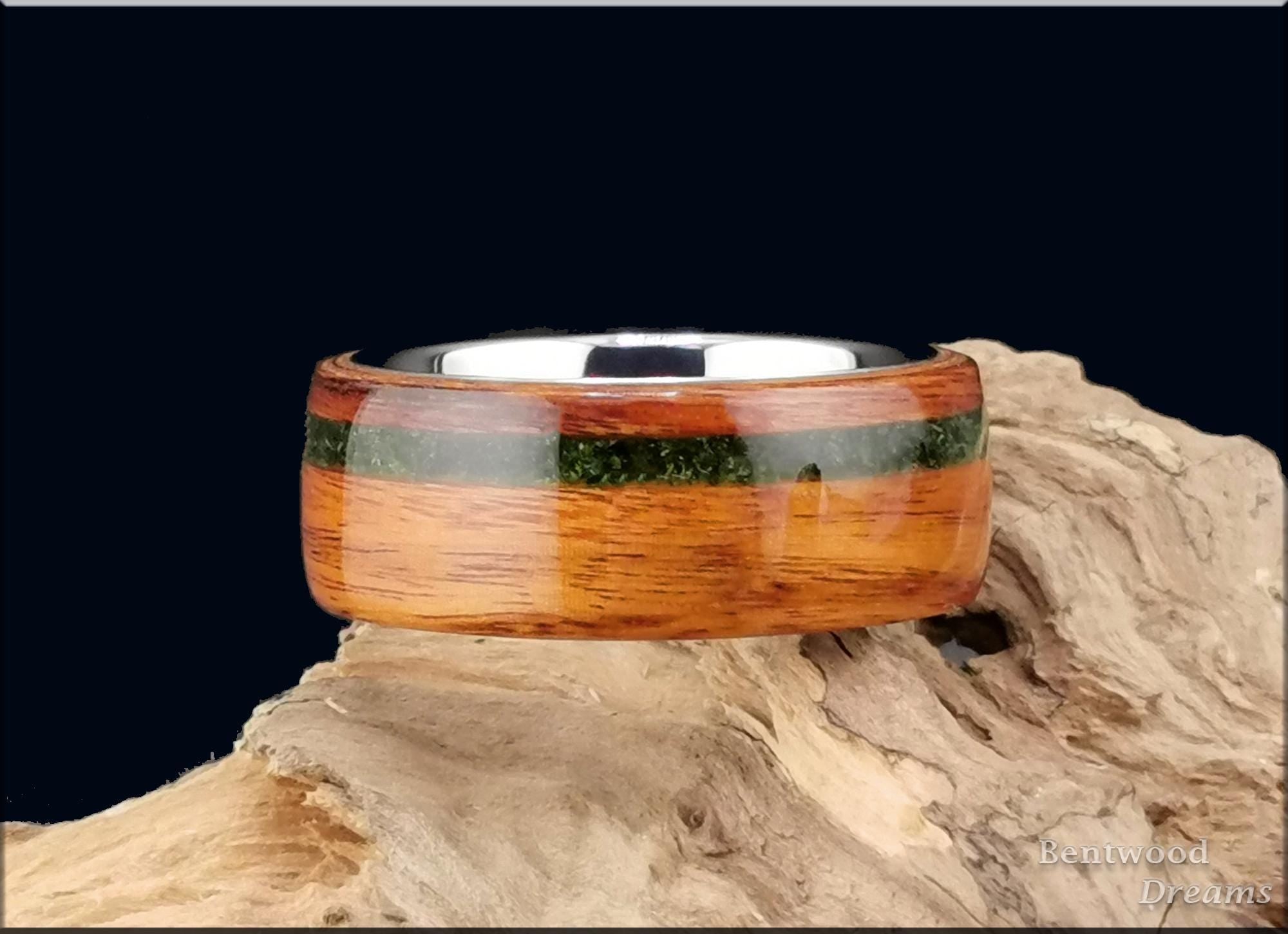 Bentwood Ring: Santos Rosewood, offset inlaid Green Goldstone, Tungsten carbide core, wood ring