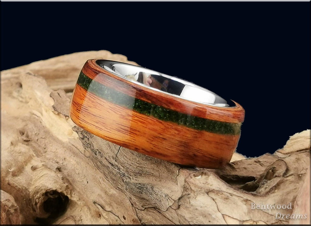 Bentwood Ring: Santos Rosewood, offset inlaid Green Goldstone, Tungsten carbide core, Quick Ship