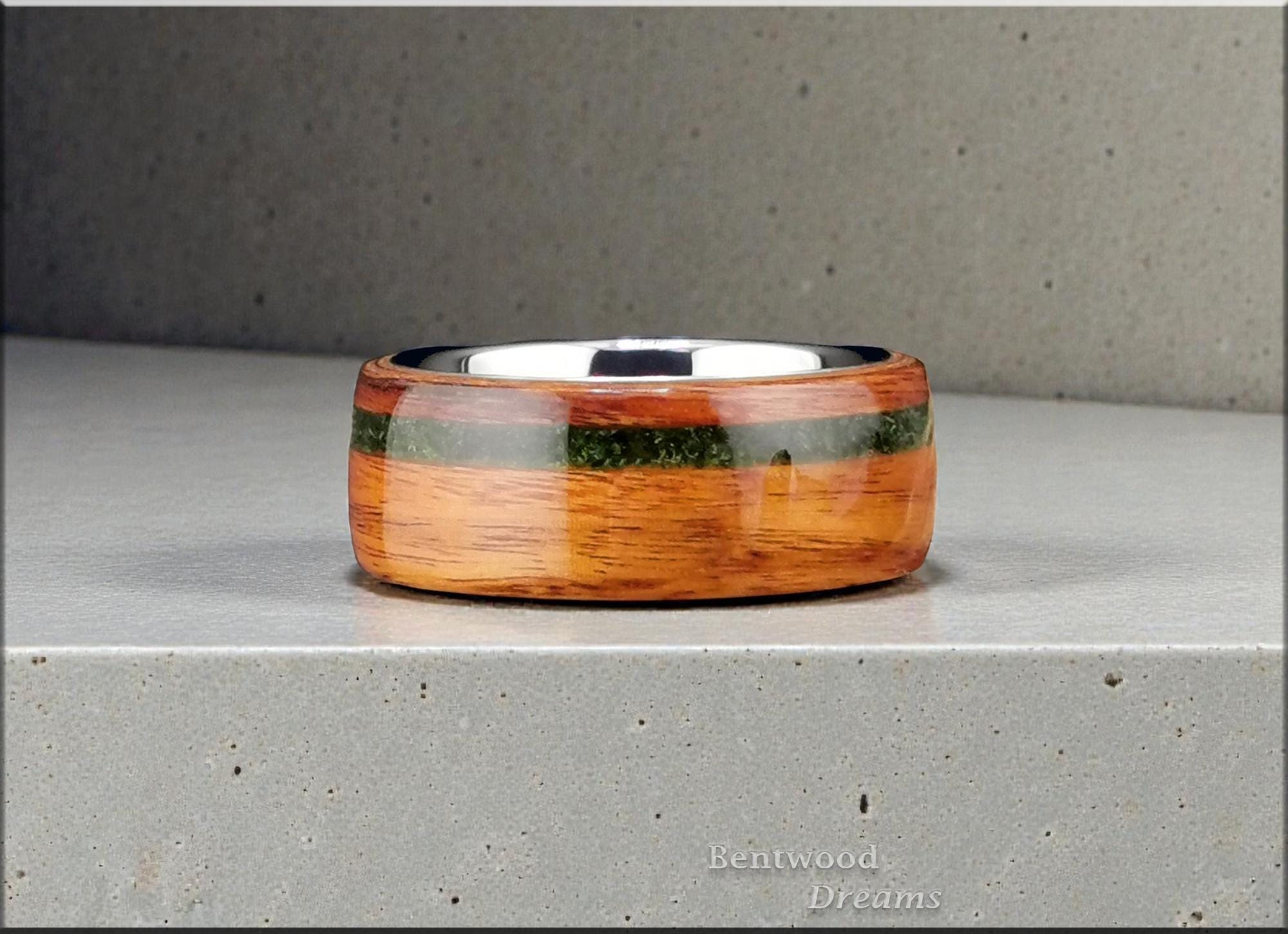 Bentwood Ring: Santos Rosewood, offset inlaid Green Goldstone, Tungsten carbide core, wood ring