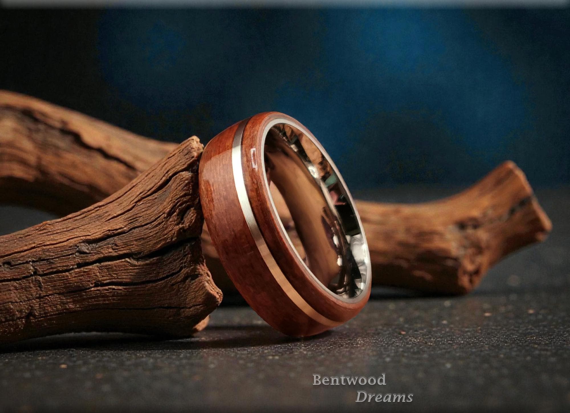 Bentwood Ring: Redwood, offset inlaid Sterling Silver, Polished Titanium core, wood ring