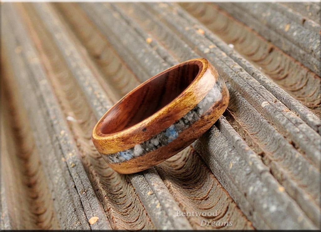 Bentwood Ring: Tiger Etimoe, inlaid K2 Granite, Ironwood Core, wood ring