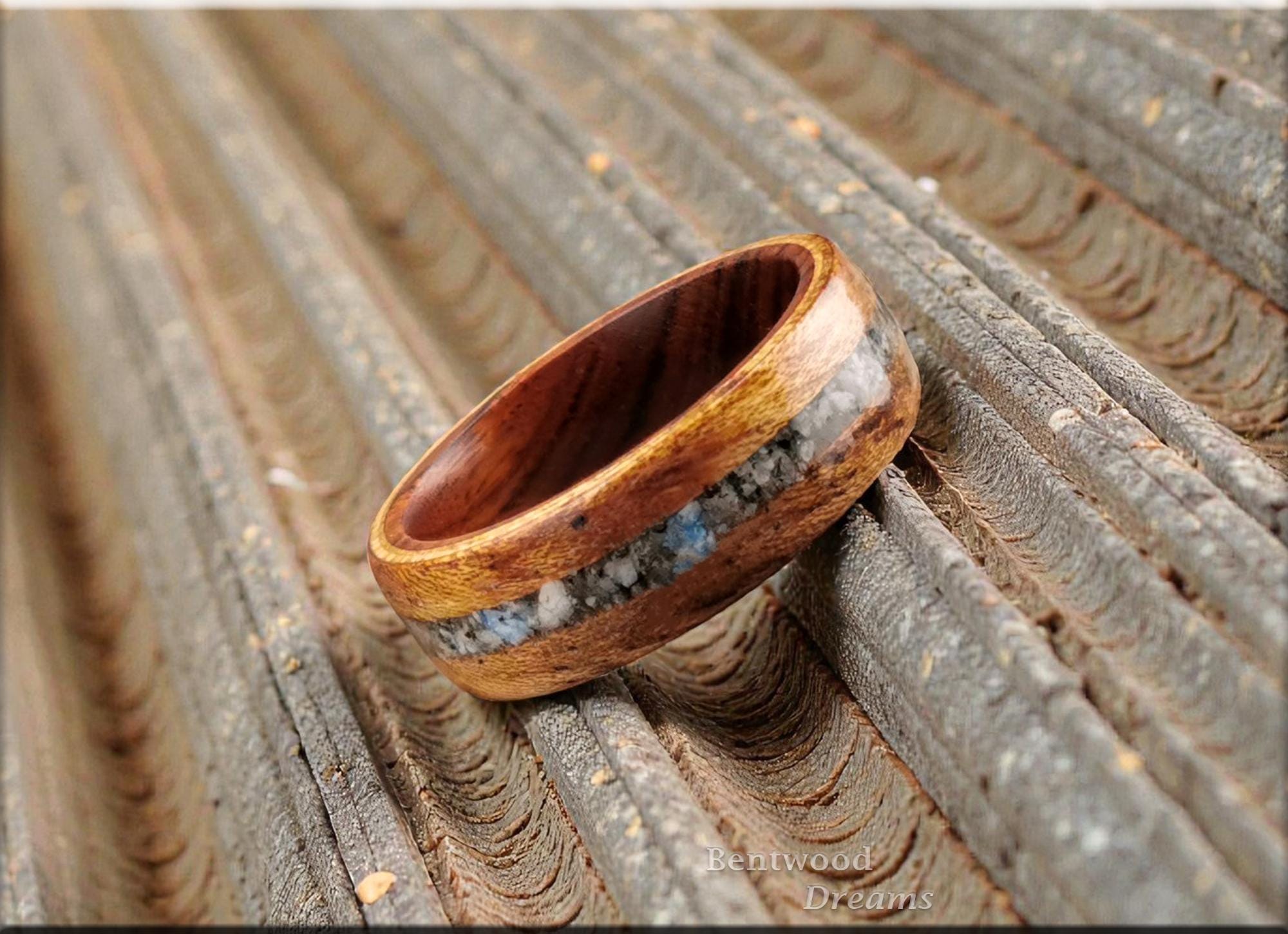 Bentwood Ring: Tiger Etimoe, inlaid K2 Granite, Ironwood Core, wood ring