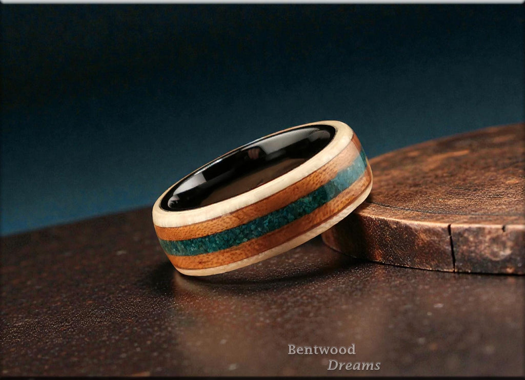 Bentwood Ring: Figured Sycamore, inlaid Spanish Cedar and Dark Chrysocolla, Black Ceramic core