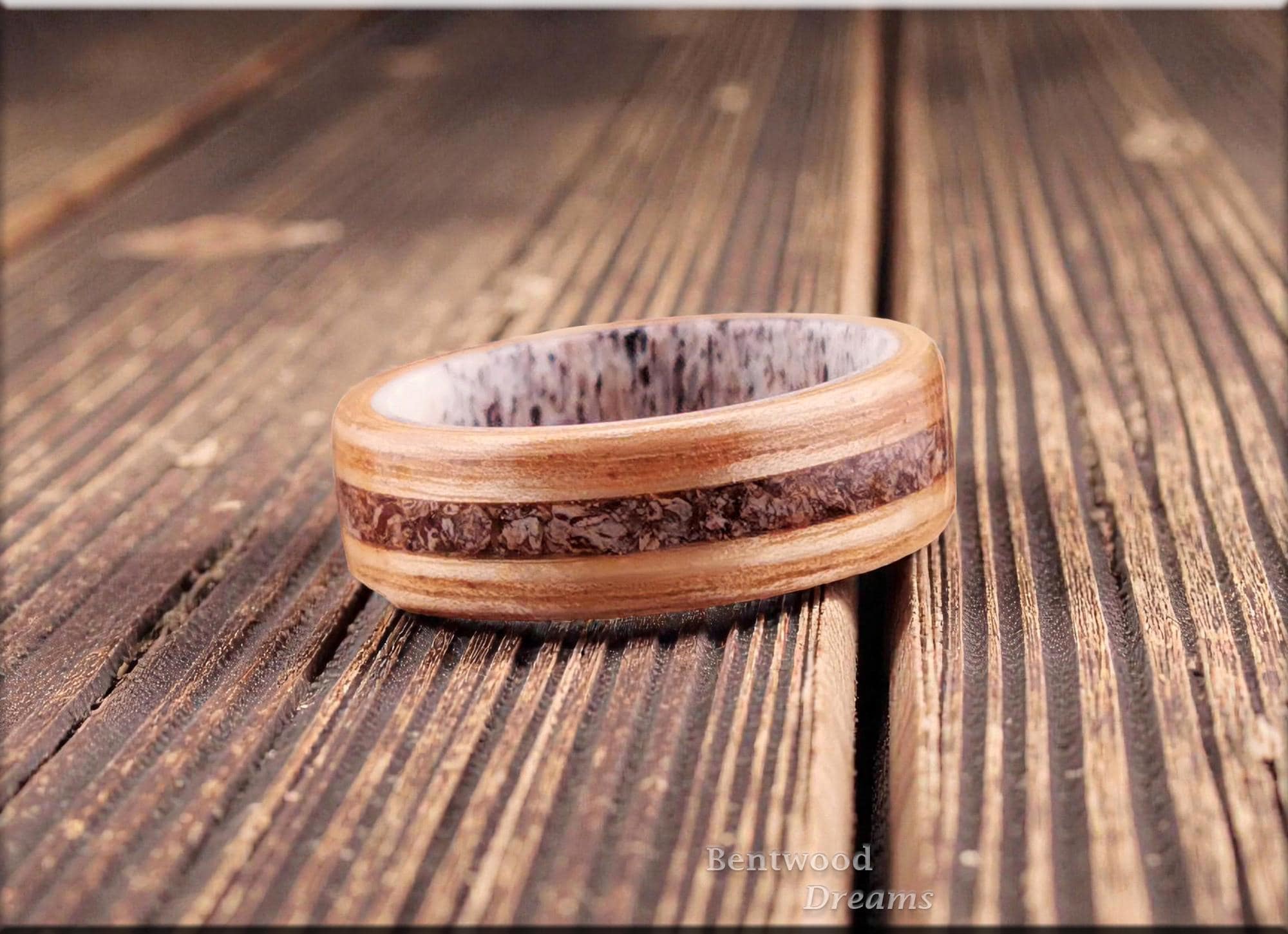 Bentwood Ring: Olive Ash, inlaid Brontotherium Bone, Deer Antler core