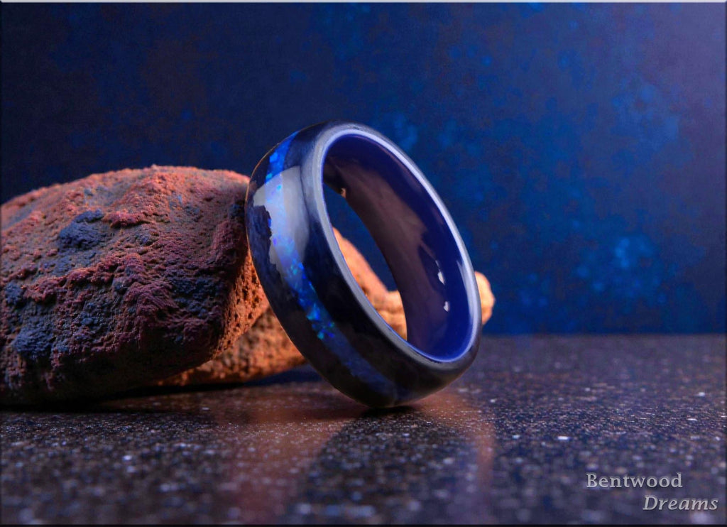 Opal Inlaid Bentwood Ring: Midnight Blue Tulipwood, Ceramic Core