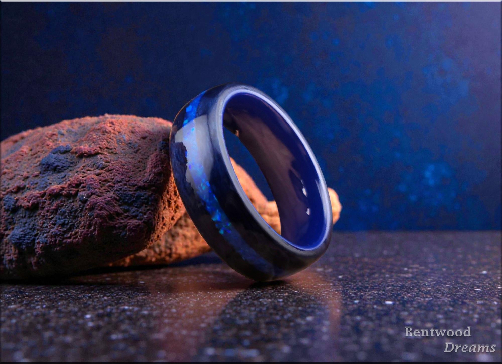 Opal Inlaid Bentwood Ring: Midnight Blue Tulipwood, Ceramic Core